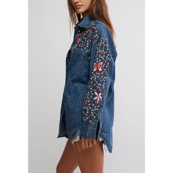 FREE PEOPLE Rainbow Embroidered Denim Shirt / Rinse Wash - Picture 3 of 6